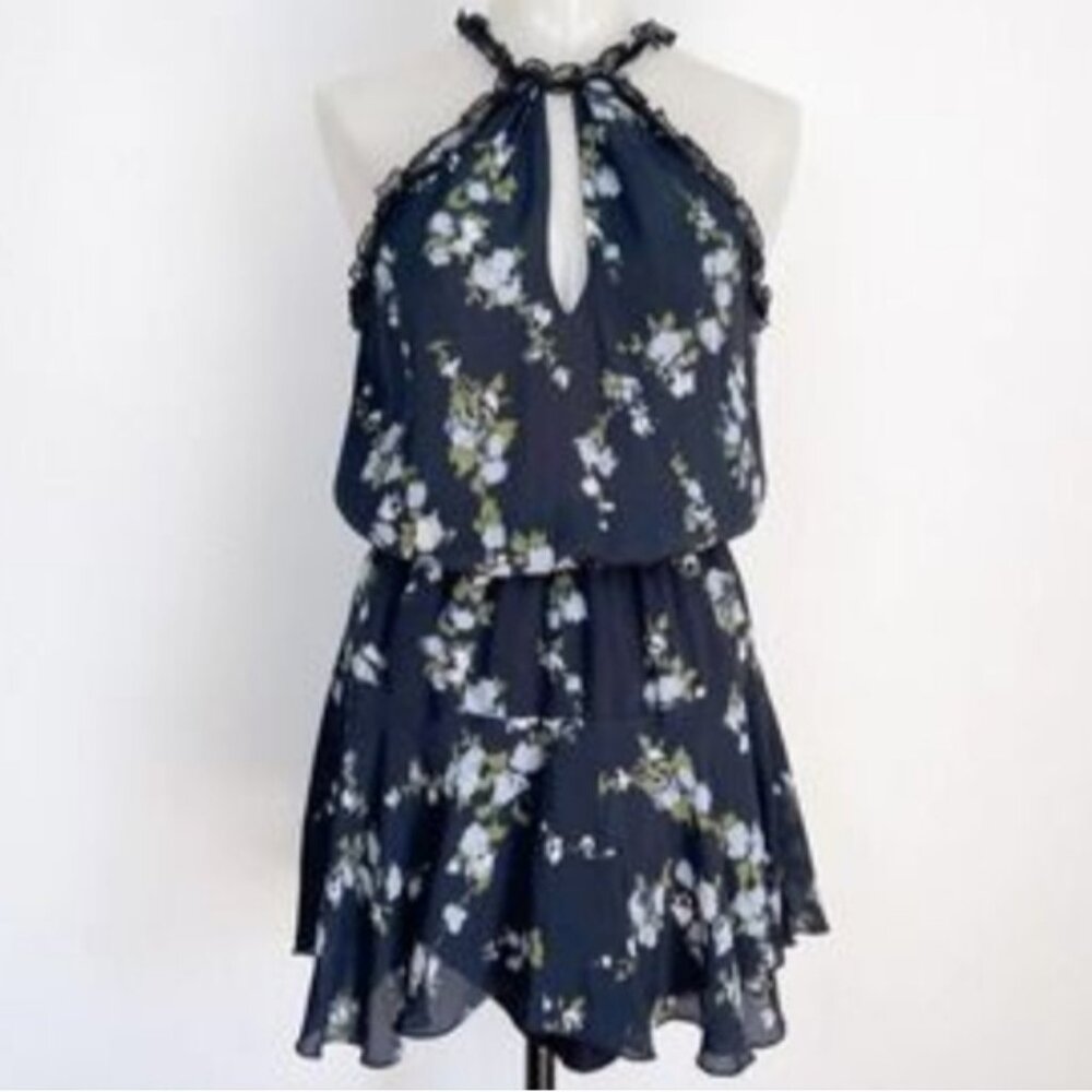 KARINA GRIMALDI BY REVOLVE 100% SILK FLORAL HALTER NECK SLEEVELESS DRESS…
